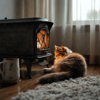 The primary subject of the image is a cat sitting on a rug in front of a small heater. The setting is a cozy living room, with a window in the background. The visual style is a black and white photo, giving the image a classic and timeless feel. The dominant colors are black, white, and shades of gray, creating a calm and serene atmosphere.